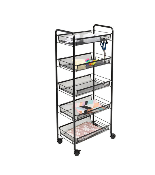 Honey Can Do 17.5 x 41 Black 5 Tier Storage Cart With 4 Hooks & Wheels