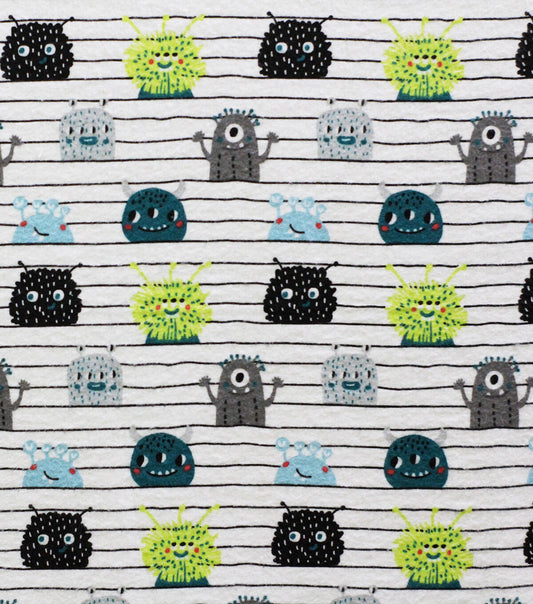 White Smiling Monsters On Lines Super Snuggle Flannel Fabric