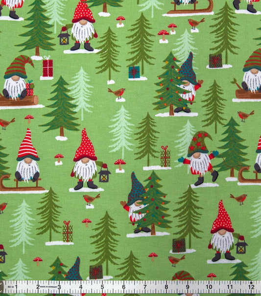 Winter Gnomes & Trees on Green Super Snuggle Christmas Flannel Fabric